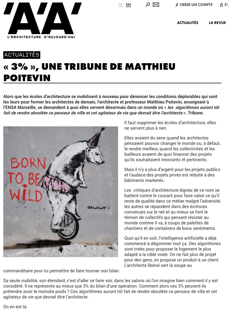 Tribune AA Matthieu Poitevin - 3% - L'ARCHITECTURE D'AUJOURD'HUI